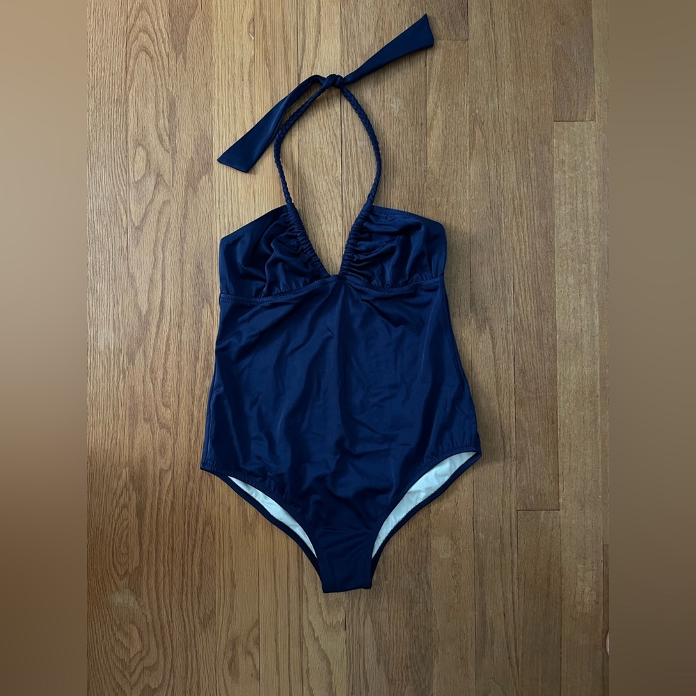 Eberjey Navy V-neck One Piece Swimsuit with braided strap